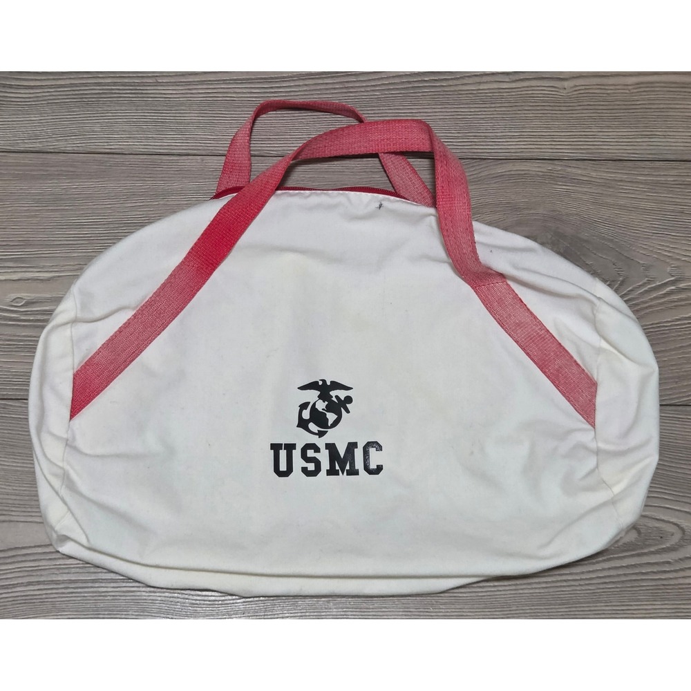 Vintage USMC Canvas Duffel Bag White Red Eagle Globe Anchor Marine Corps Gym Bag